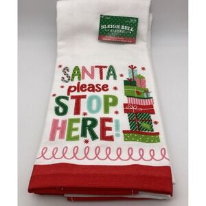 NWT Sleigh Bell red white green Santa stop here kitchen hand towels set of 2